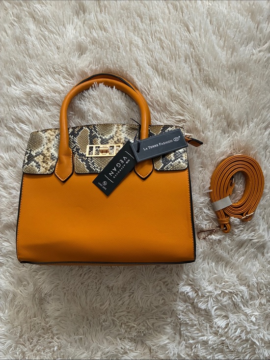 La Terre Fashion Handbags - La Terre Fashion Mustard Satchel with Snake-Print Flap